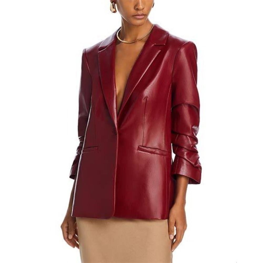 NWT Cinq a Sept Kylie Vegan Leather Jacket Sz 0 Rhubarb Red Ruched Sleeve Blazer